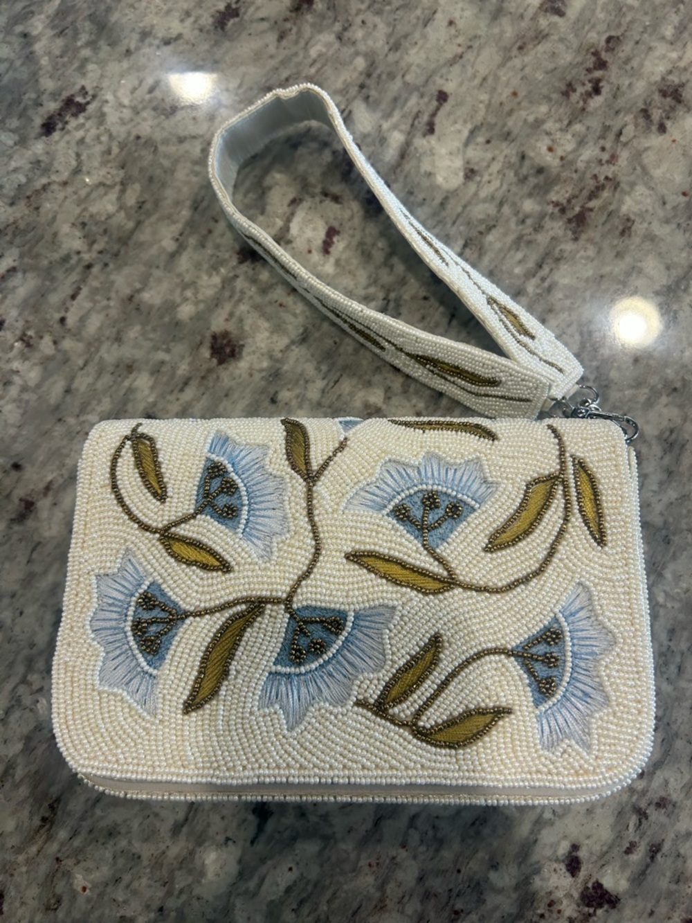 Beaded Floral Shoulder Bag/Wristlet/Clutch in Cream and Light Blue